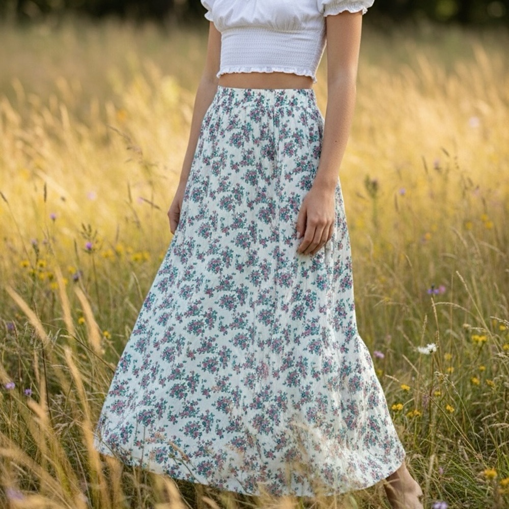 For Love & Lemons White Ditsy Floral Midi/Maxi Skirt Elastic Waist XS/S